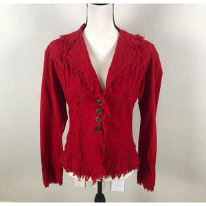 Giocom Shirt Jacket Red Applique V Neck Collared Raw Hem Casual Womens Medium